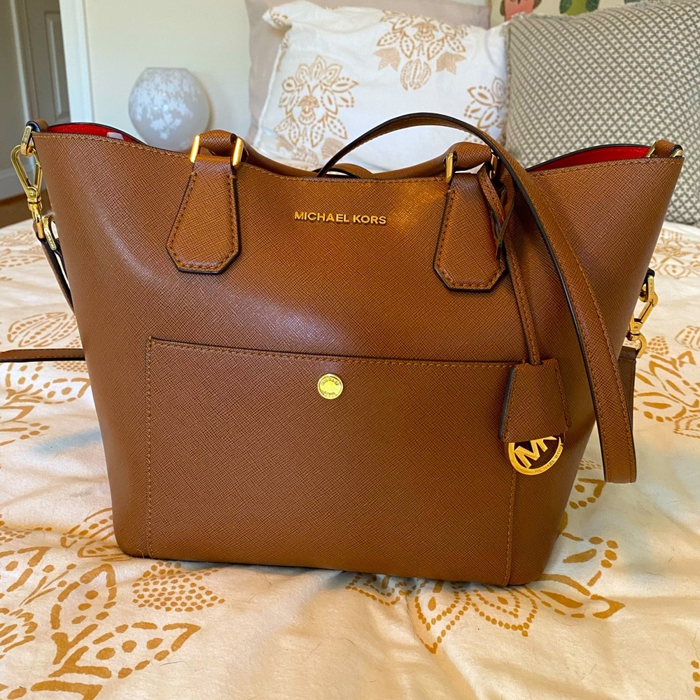 Michael Kors Tan Leather Tote with Chili Red Interior